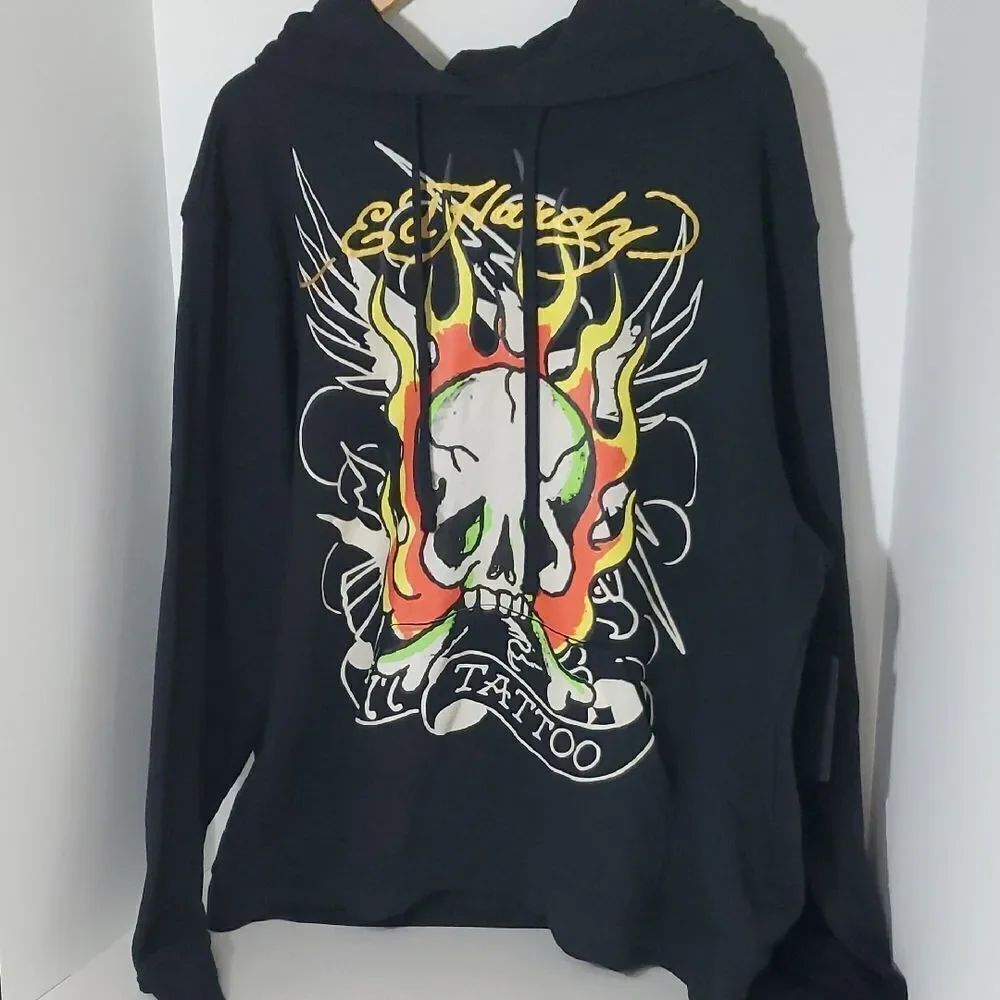 Ed Hardy Y2K Tattoo Fire Skull Full Graphic Pullover Hoodie Black Men's Size XXL